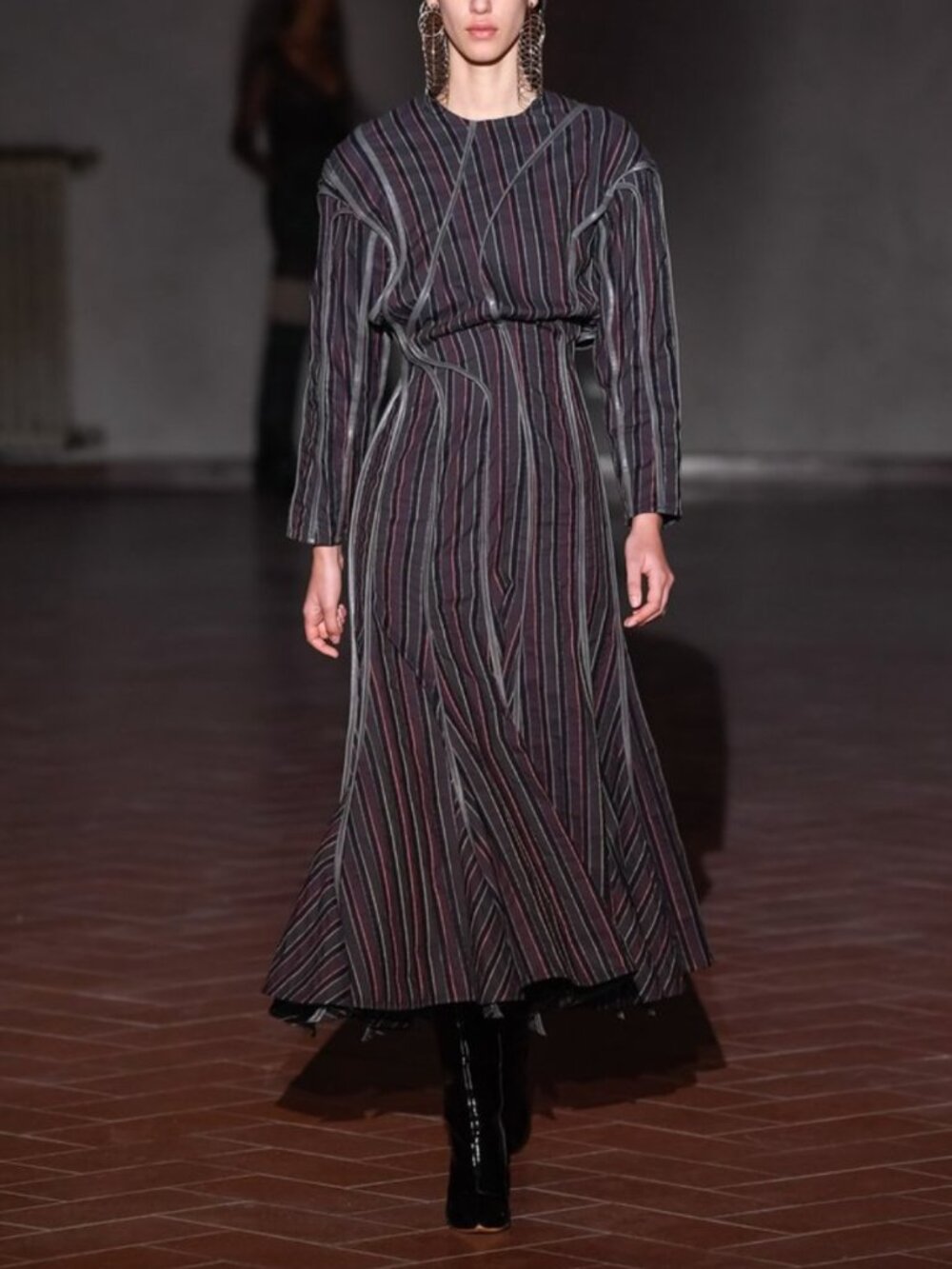 $1865 NWD Y/Project 2019 Stripe Long Bell Faux Leather Trim Flared Dress IT 36/0